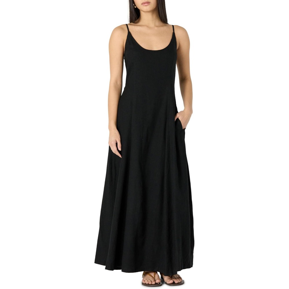 The‎ Drop Luna Linen | Scoop Neck |  Maxi Dress Black XXL  Smocked Back Pockets - Picture 4 of 9